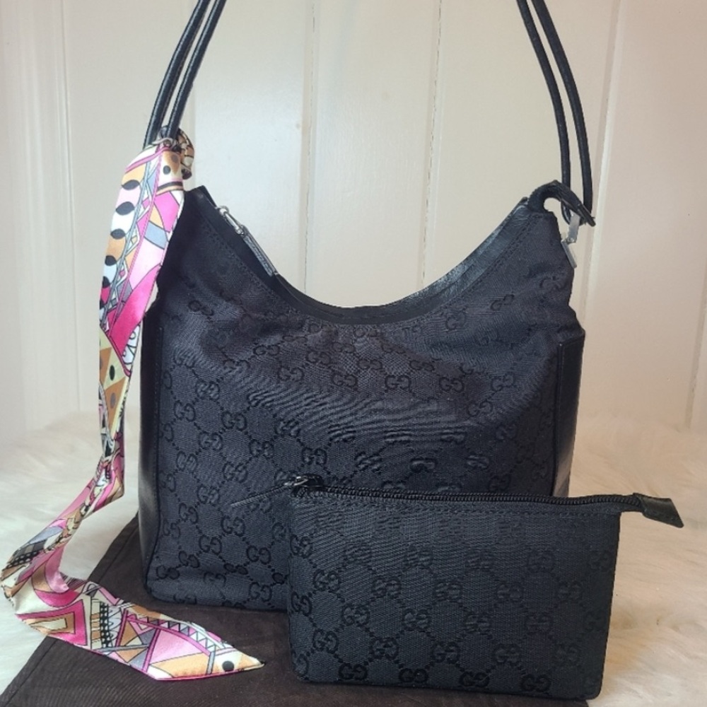 GUCCI AUTHENTIC GG BLACK MONGRAM CANVAS SHOULDER BAG AND BONUS POUCH . 2 FOR 1!
